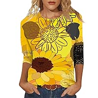 3/4 Sleeve T Shirts for Women O-Neck Sunflower Printed Tees Loose Fit Trendy T-Shirt Casual Cute Blouses Comfy Tops
