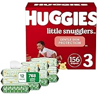 Huggies Little Snugglers Diapers and Wipes Bundle: Huggies Little Snugglers Size 3 Baby Diaper, 156ct & Huggies Natural Care Sensitive Wipes, Unscented, 12 Packs (768 Wipes Total) (Packaging May Vary)