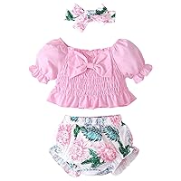 Ruffle Pants for Babies Children's Clothing Girl Summer Solid Color Bow Top Flower Shorts New Born (Pink, 9-12 Months)