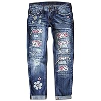 Patchwork Jeans for Women Distressed Boyfriend Jeans Rock Revival Denim Jeans with Hole