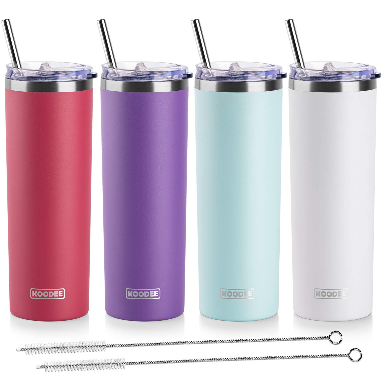 koodee 20 oz Stainless Steel Skinny Tumblers (4 Pack) Double Wall Insulated Water Tumbler Cup with with Straw, Lid（Wine red-Purple-Tiffany blue-White）