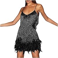 Women Glitter Sequins Fringe Tassel Feather Mini Sling Dress Spaghetti Strap Cocktail Club Dress 1920s Flapper Dresses