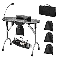 Portable Manicure Table, Foldable Nail Table with Electric Dust Collector, Moveable Nail Tech Desk & 4 Wheels, 3 Dust Bags, Bendable LED Lamp, MDF Nail Art Workstation for Spa Beauty Salon Home
