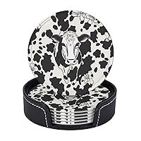 Black and White Cow Printed Drink Coasters with Holder Leather Coasters Set of 6 Tabletop Protection Decorate Cup Mat for Coffee Table Bar Kitchen Dining Room
