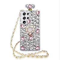 Losin Compatible with Galaxy S24 Ultra Bling Case Luxury 3D Perfume Bottle Phone Case with Lanyard Strap Glitter Sparkle Rhinestones Diamond Case with Ring Kickstand for Women Girls, Pink