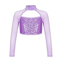 YiZYiF Kids Girls Sequins Long Sleeve Jazz Hip Hop Dance Crop Top Mock Neck Athletic Shirt Streetwear Sportswear