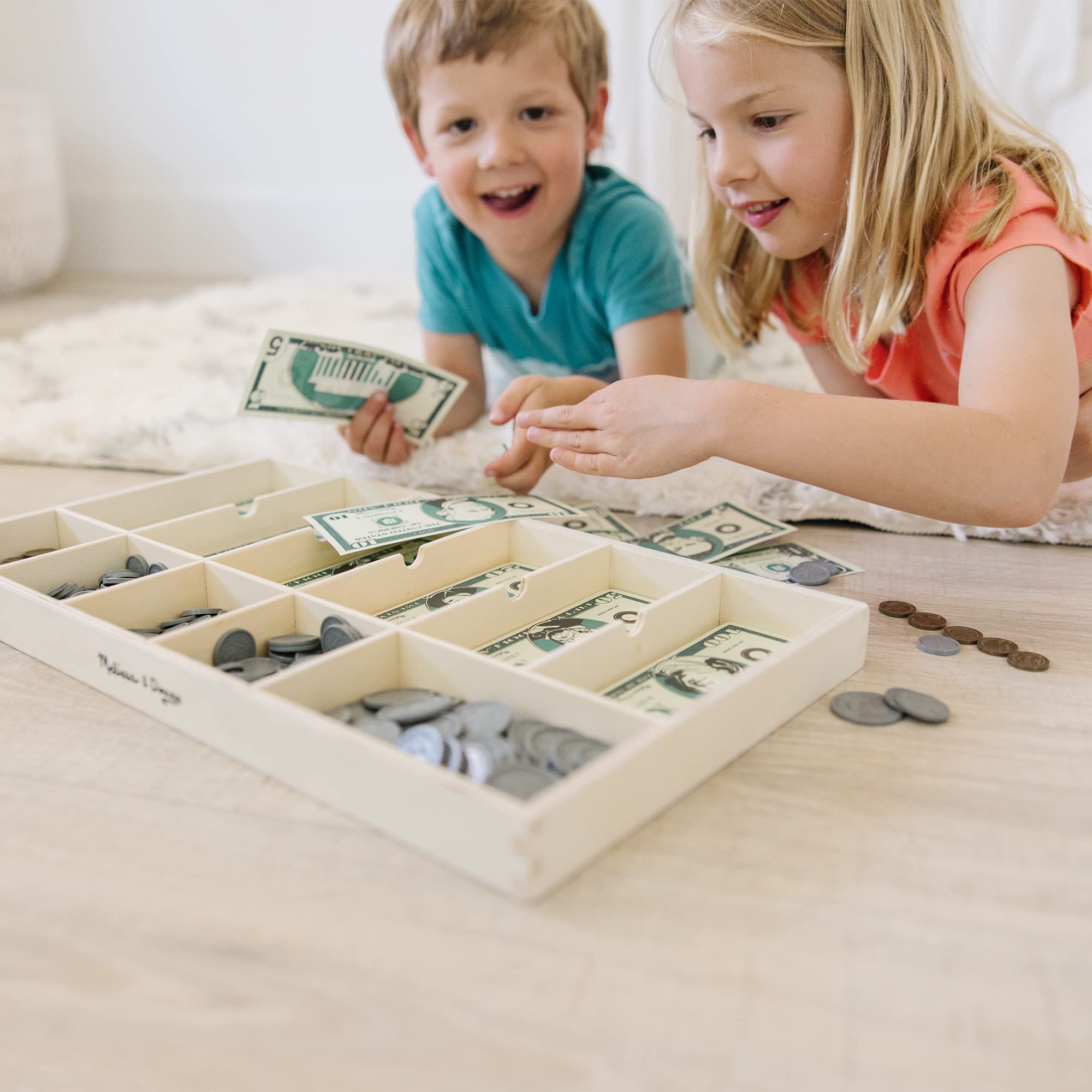 Melissa & Doug Play Money Set - Educational Toy With Paper Bills and Plastic Coins (50 of each denomination) and Wooden Cash Drawer for Storage