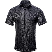 Hi-Tie Silk Black Floral Men's Summer Shirts Short Sleeve Jacquard Woven Shirts Casual Button Down Beach Regular Fit Shirt(2X-Large)