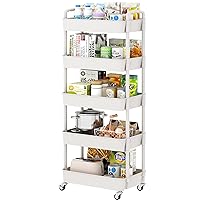 Sywhitta 5-Tier Plastic Rolling Utility Cart with Handle, Multi-Functional Storage Trolley for Office, Living Room, Kitchen, Movable Storage Organizer with Wheels, White