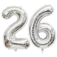 40 Inch Silver 26 Number Balloons Giant Jumbo Huge 26 or 62 Foil Mylar Helium Number Digital Balloons Silver Birthday Mylar Digital Balloons 26th or 62th Birthday Anniversary Events Party Decorations Supplies
