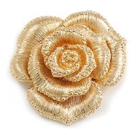 Large Layered Rose Brooch In Brushed Gold Finish/ 55mm Across