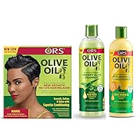 ORS Olive Oil New Growth Relaxer Normal, Moisture Restore Creamy Aloe Shampoo, Strengthen & Nourish Replenishing Conditioner - Bundle