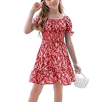 Goranbon Girls' Summer Floral Dress Kids 2024 Puff Sleeve Square Neck Smocked Flowy Sun Dresses