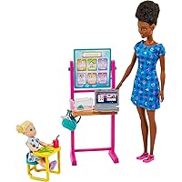 Barbie Careers Doll & Playset, Teacher Theme with Brunette Fashion Doll, 1 Blonde Toddler Doll, Furniture & Accessories