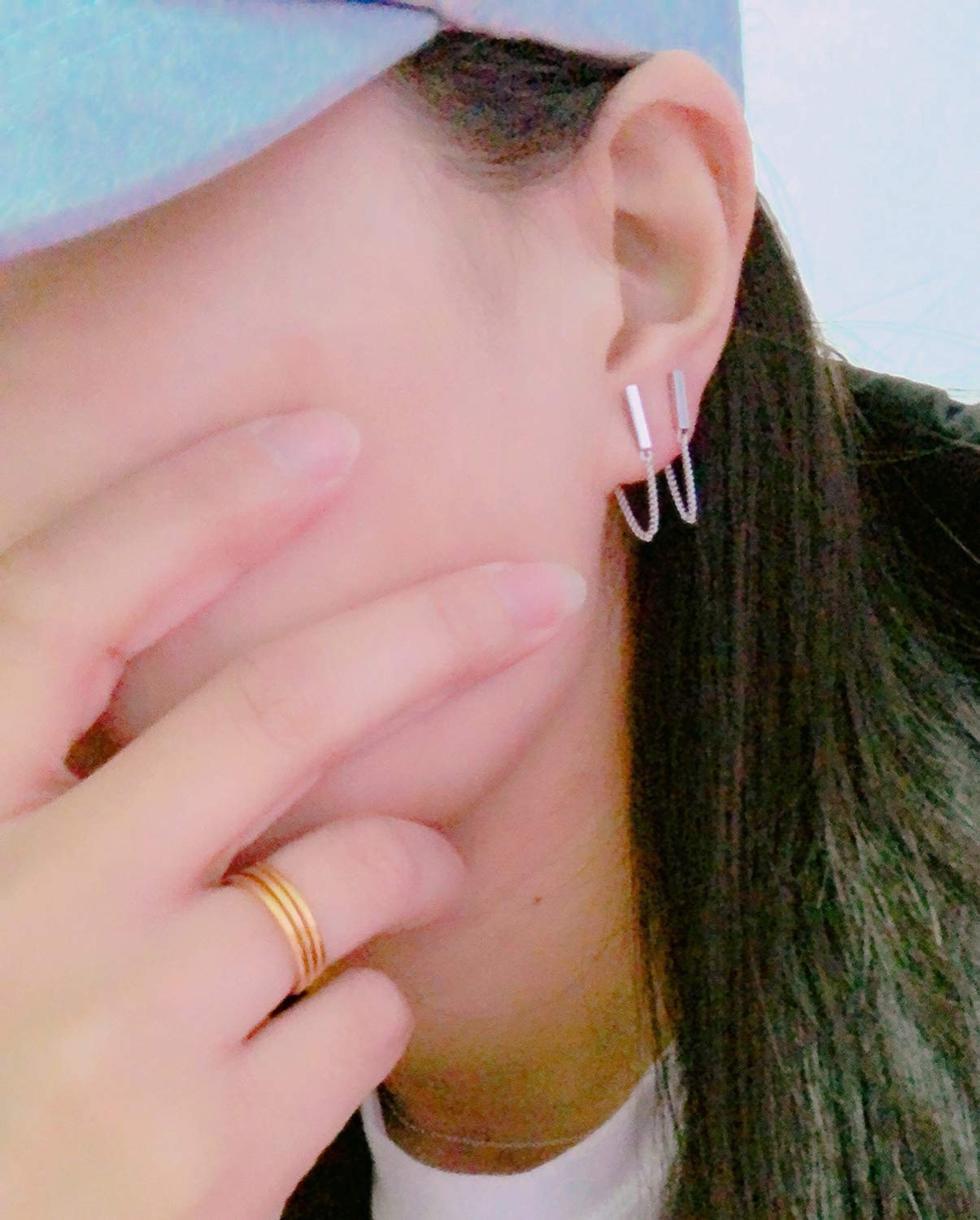 Minimalist Bar Earrings with Chain Dangle Earrings 925 Sterling Silver Stud Earrings