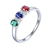 Unique 3 Stones Natural Emerald Sapphire Ruby Engagement Ring Solid 14K White Gold Ladies Women Rings