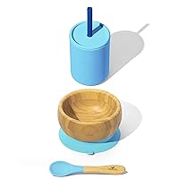 Avanchy Bamboo Baby Suction Bowl + 8 oz. Medium Silicone Baby Cup With Straw