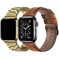 Fullmosa Compatible Stainless Steel Apple Watch Band 44mm/45mm/42mm Golden with Case & Compatible Leather Apple Watch Band 44mm/45mm/42mm,Brown