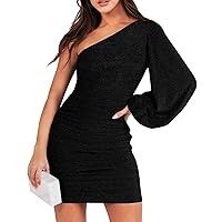 Women's One Shoulder Long Sleeve Sequin Lantern Long Sleeve Ruched Short Homecoming Dresses HOCO Party Dress
