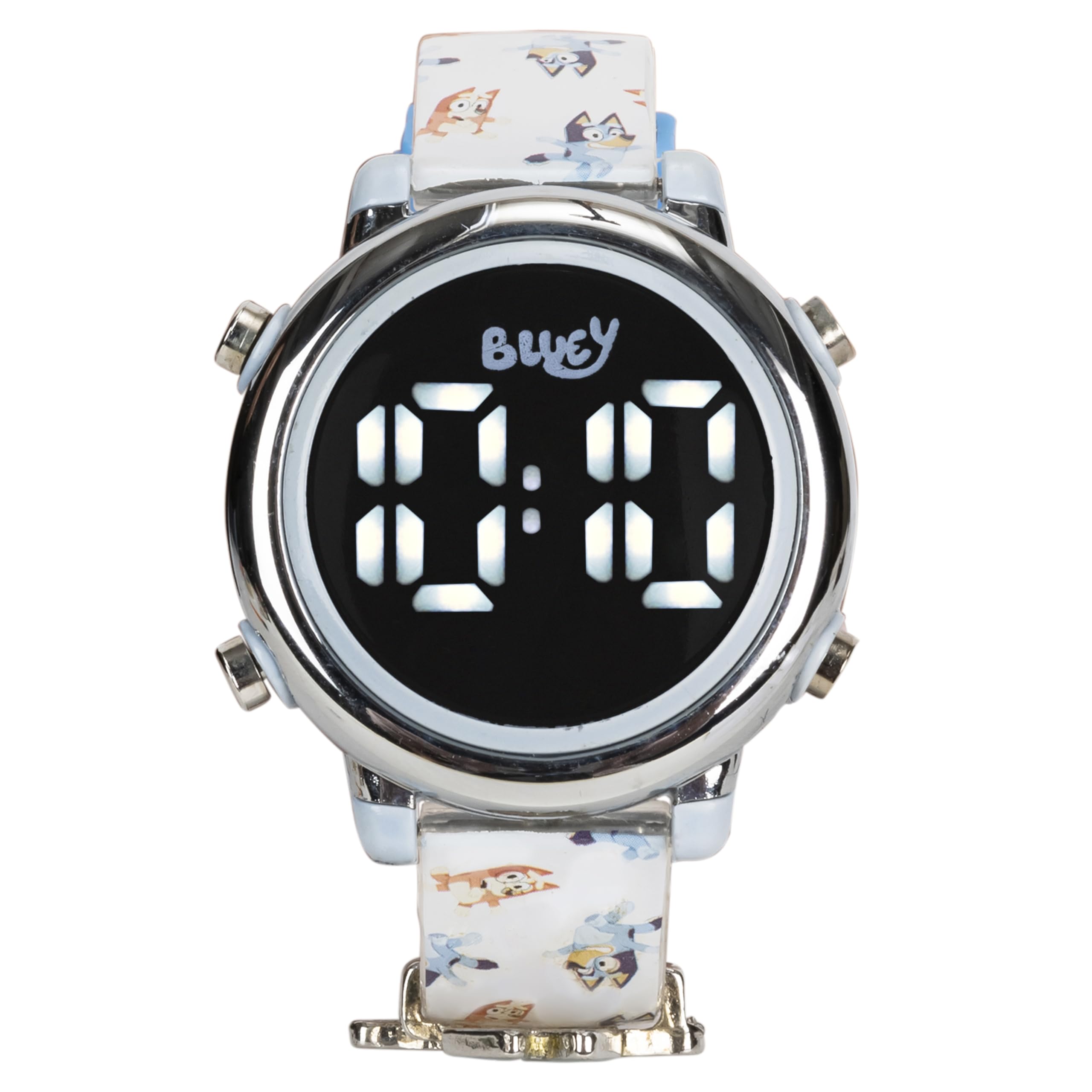 Accutime Kids Bluey and Bingo LED Digital Quartz Kids Watch for Toddlers, Boys and Girls – White Silicone Strap with Black, Blue and White Digital Display (Model: BLY4003AZ)