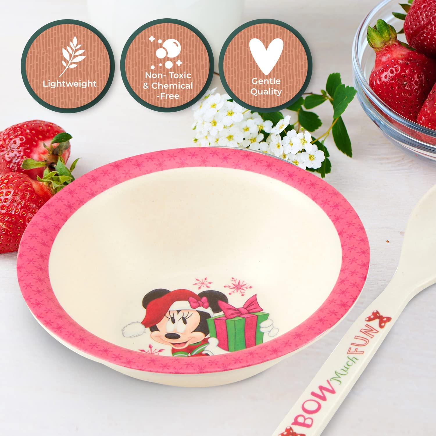 Bamboo Kids’ 5-Piece Dinnerware Set By Zrike Brands-Tableware Set With Dinner Plate, Bowl, Cup, Fork & Spoon- BPA-Free Disney Toddlers Feeding Set- Great Holiday Gift MINNIE JOY 5PC BAMBOO SET