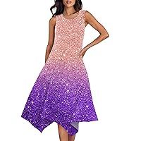 Womens Sun Dresses Flowy Dresses for Women 2024 Summer Casual Beach Vacation Loose Fit with Sleeveless Round Neck Swing Dress Purple Small