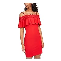 Womens Red Lace Spaghetti Strap Off Shoulder Knee Length Evening Body Con Dress Juniors 3