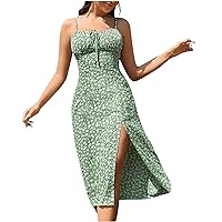 Beach Dress for Women Tie Front Frill Sleeveless Cami Midi Dress Floral Printed Summer Sundress Side Split Thigh Dress