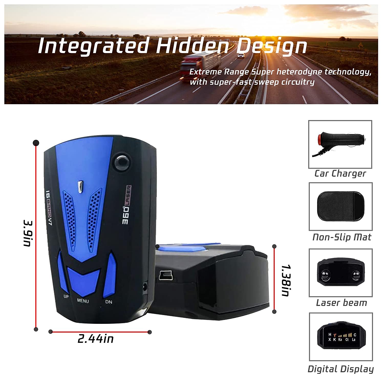 New Car Radar Detector, City and Highway Mode, 360 Degree Detection, Voice Alert Speed, Built-in GPS, LED Display, Christmas and Thanksgiving Gift (Blue)