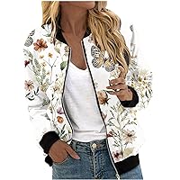 Womens Lightweight Jackets Zip Up Casual Bomber Jacket Floral Print Coat Plus Size Pockets Outwear Tops Fall Outfits