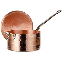 DEMMEX 1mm Thick Hammered Unlined Uncoated Solid Copper Sugar Sauce Zabaglione Pan Candy Jam Caramel Dessert Pot with Lid and Helper Handle, Handmade in Turkey, (1.7-Quart)