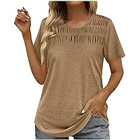 Womens Summer Tops 2024 Trendy Short Sleeve Shirts Smocked Crew Neck Tee Fashion Casual Textured Loose Tunic Blouse