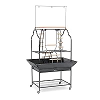 Parrot Playstand with Wheels, Bird Stand Activity Play Center with Perches and Ladders, Indoor Outdoor Playground for Birds, Black Hammertone Finish