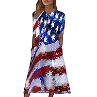 Women's July 4th Patriotic Amercian Flag Shine Patriotic Half Sleeve Spring Sumemr Maxi Dress with Pocket