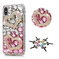 STENES iPhone XR Case - Stylish - 100+ Bling Crystal - 3D Bling Handmade Sweet Heart Design Cover for iPhone XR - White&Pink