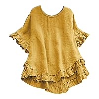 Women's Tops Cotton and Linen Solid Color Loose Ruffled Edge Short Sleeved Button Up Shirt Trendy Tops, S-2XL