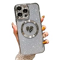 Compatible with iPhone 14 Pro 6.1 Inch Case with Magsafe, Plating Heart Glitter Magnetic Case for Women Girl TPU Camera Protection Back Cover for iPhone 14 Pro Silver