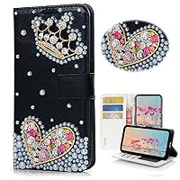 STENES Bling Wallet Phone Case Compatible with Samsung Galaxy S23 FE 5G - Stylish - 3D Handmade Crown Heart Design Leather Cover with Neck Strap Lanyard & Screen Protector - Black