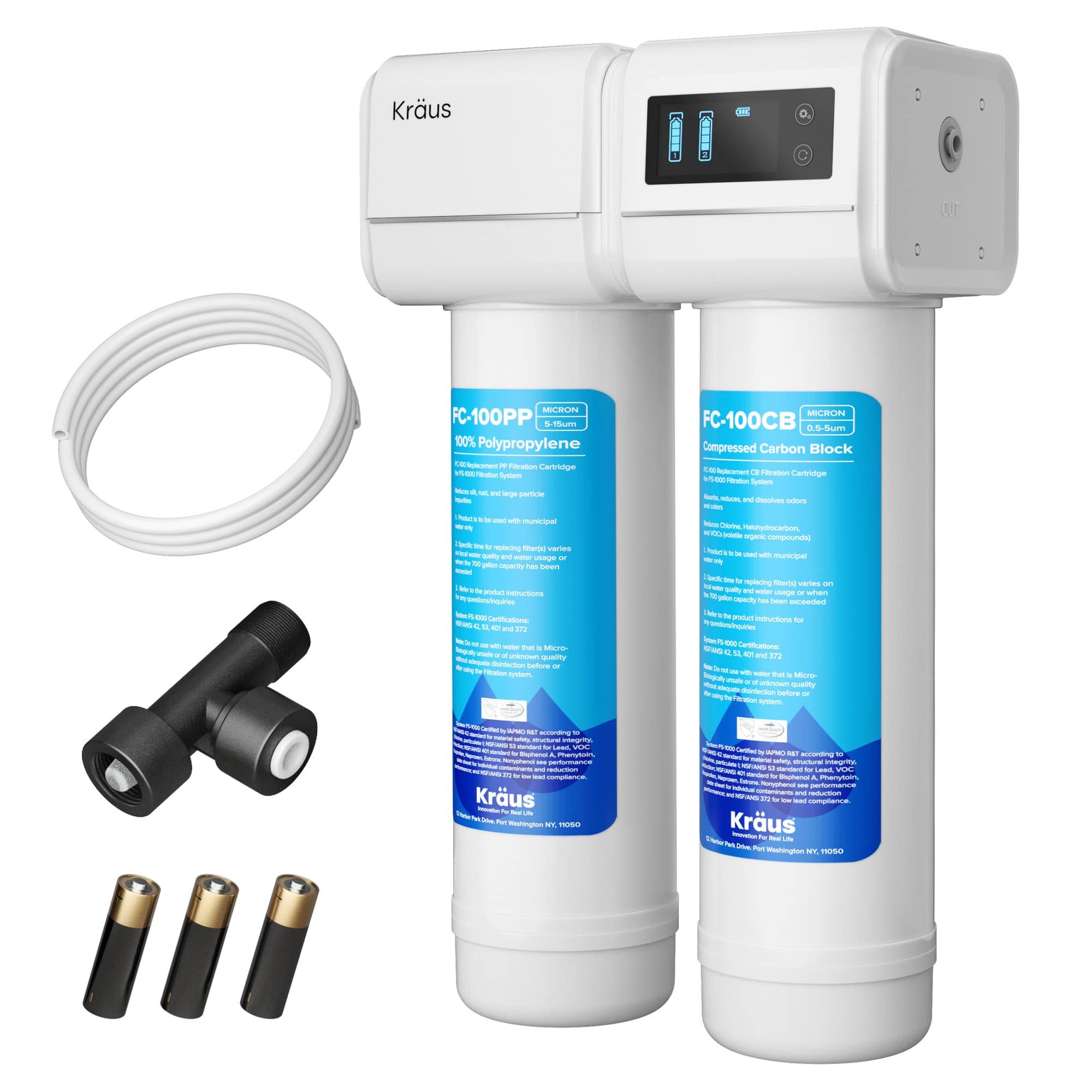 KRAUS Purita 2-Stage Carbon Block Under-Sink Water Filtration System with Digital Display Monitor, FS-1000, White