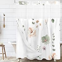 Sage Green Floral No Hook Shower Curtain with Snap in Liner, Flower No Hook Fabric Shower Curtains Set for Bathroom Hotel Style Double Shower Curtain Detachable Liner Replacement 71X74IN(72IN)