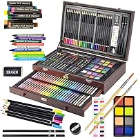 145 Piece Deluxe Art Set, Wooden Box & Drawing Kit with Crayons, Oil Pastels, Colored Pencils, Watercolor Cakes, Sketch Pencils, Paint Brush, Sharpener, Eraser, Color Chart (Cherry)