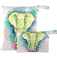 visesunny Drawn Elephant 2Pcs Wet Bag with Zippered Pockets Washable Reusable Roomy Diaper Bag for Travel,Beach,Daycare,Stroller,Diapers,Dirty Gym Clothes,Wet Swimsuits