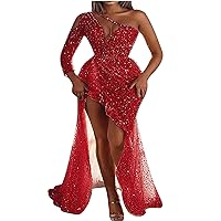 Womens Formal Evening Dresses Sparkly Sequin Prom Dress Sexy One Shoulder Long Sleeve Cocktail Dress Glitter Maxi Gowns