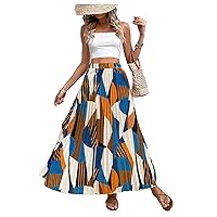 OYOANGLE Women's Boho Geo Print Elastic High Waist Flowy Pleated Maxi Skirt Vacation Skirts