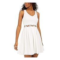 Womens White Zippered Textured Lace Waist Skater Sleeveless V Neck Mini Cocktail Fit + Flare Dress Juniors 13