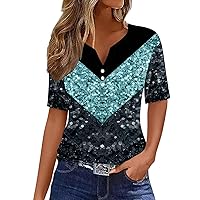 Women's Tops Henley Neck Buttons Sexy Shirts Short Sleeve Tunic Tshirt Geometric Print Graphic Tees Casual Dressy Work Blouse