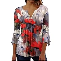 Women's Pleats Loose T-Shirt Tops V Neck Floral Printed Short Sleeve Shirts Flowy Hem Fashion Casual Blouse Tees