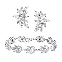 SWEETV Marquise Bridal Wedding Earrings Bracelets Set for Brides Bridesmaid, Cubic Zirconia Rhinestone Cluster Earrings and Earrings for Women, Prom, Silver