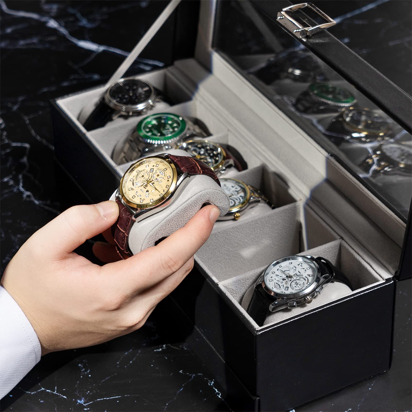ProCase 6 Slot Watch Box Bundle with 20 Slots Lacquered Finish Watch Box