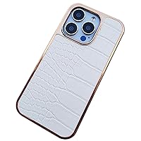-Genuine Leather Case for iPhone 14Pro Max/14 Pro/14 Luxury Business Cowhide Cover Crocodile Texture Premium Electroplated Edge Protective (14 Pro,White)